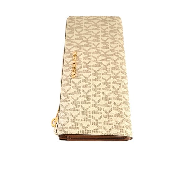 Michael Kors Jet Set Travel Large Three Quarter Zip Wallet Vanilla MK Logo - Picture 5 of 7